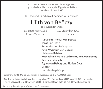 Traueranzeige von Lilith von Beöczy von Deister- und Weserzeitung