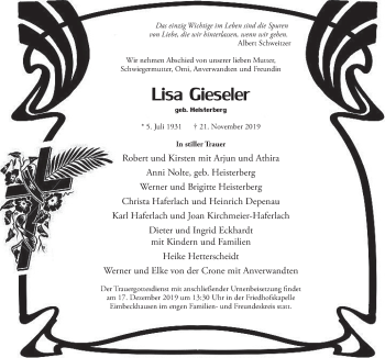 Traueranzeige von Lisa Gieseler von Neue Deister-Zeitung