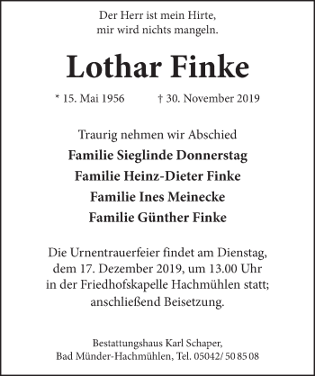 Traueranzeige von Lothar Finke von Neue Deister-Zeitung