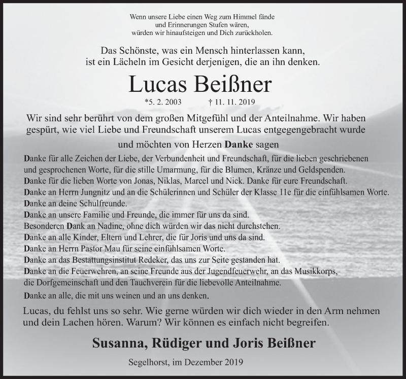  Traueranzeige für Lucas Beißner vom 14.12.2019 aus Deister- und Weserzeitung