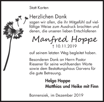 Traueranzeige von Manfred Hoppe von Deister- und Weserzeitung