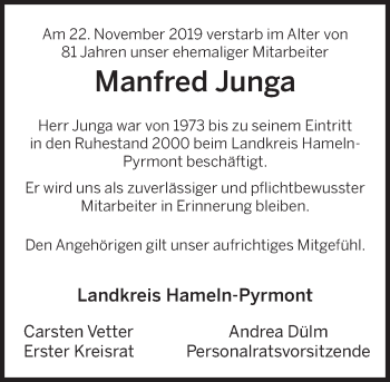 Traueranzeige von Manfred Junga von Deister- und Weserzeitung