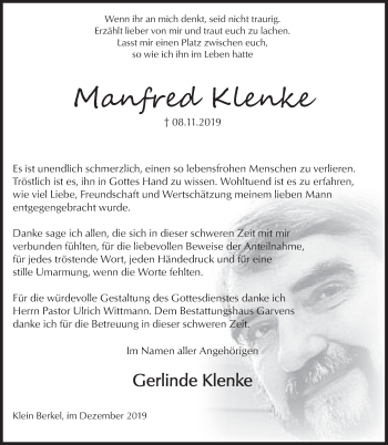Traueranzeige von Manfred Klenke von Deister- und Weserzeitung