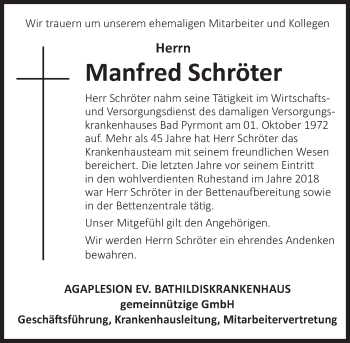 Traueranzeige von Manfred Schröter von Deister- und Weserzeitung