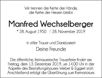 Traueranzeige von Manfred Wechselberger von Deister- und Weserzeitung