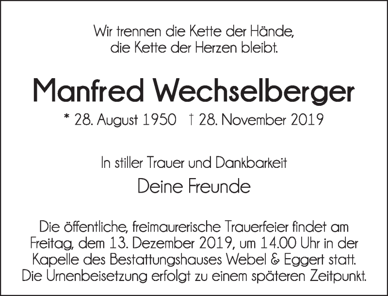  Traueranzeige für Manfred Wechselberger vom 07.12.2019 aus Deister- und Weserzeitung