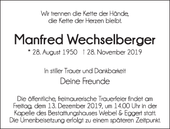 Traueranzeige von Manfred Wechselberger von Deister- und Weserzeitung