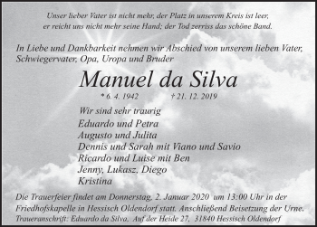 Traueranzeige von Manuel da Silva von Deister- und Weserzeitung
