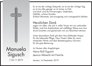 Traueranzeige von Manuela Sigusch von Deister- und Weserzeitung