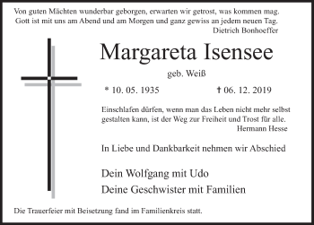 Traueranzeige von Margareta Isensee von Deister- und Weserzeitung