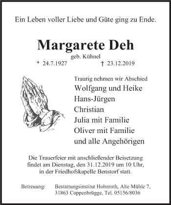 Traueranzeige von Margarete Deh von Deister- und Weserzeitung