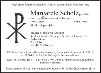 Traueranzeige von Margarete Scholz von Deister- und Weserzeitung