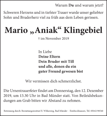 Traueranzeige von Mario Klingebiel von Neue Deister-Zeitung