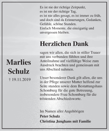 Traueranzeige von Marlies Schulz von Deister- und Weserzeitung