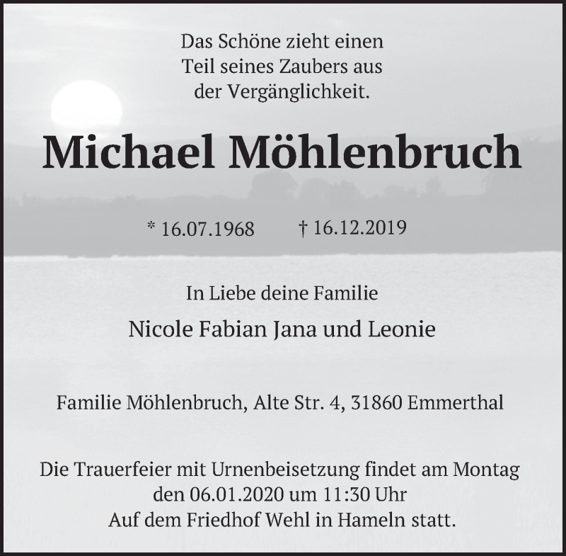  Traueranzeige für Michael Möhlenbruch vom 02.01.2020 aus Deister- und Weserzeitung