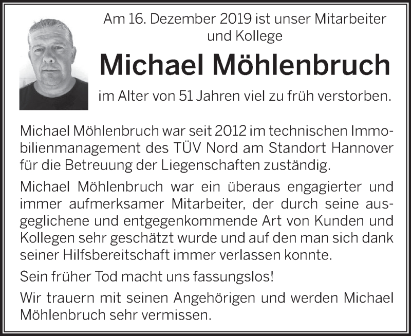  Traueranzeige für Michael Möhlenbruch vom 28.12.2019 aus Deister- und Weserzeitung