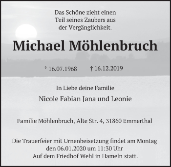 Traueranzeige von Michael Möhlenbruch von Deister- und Weserzeitung
