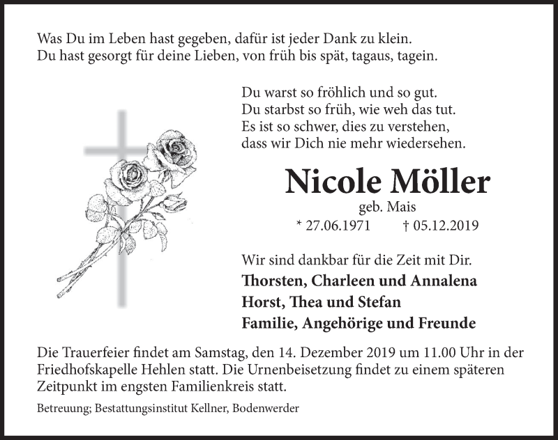  Traueranzeige für Nicole Möller vom 11.12.2019 aus Deister- und Weserzeitung