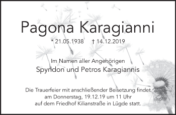 Traueranzeige von Pagona Karagianni von Deister- und Weserzeitung