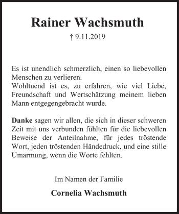 Traueranzeige von Rainer Wachsmuth von Deister- und Weserzeitung