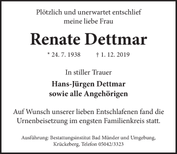 Traueranzeige von Renate Dettmar von Neue Deister-Zeitung