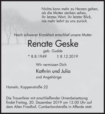 Traueranzeige von Renate Geske von Deister- und Weserzeitung