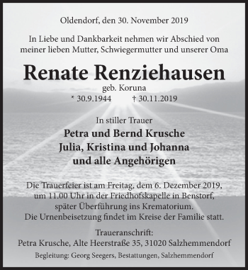 Traueranzeige von Renate Renziehausen von Deister- und Weserzeitung