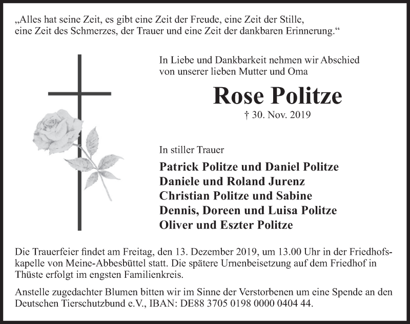  Traueranzeige für Rose Politze vom 07.12.2019 aus Deister- und Weserzeitung