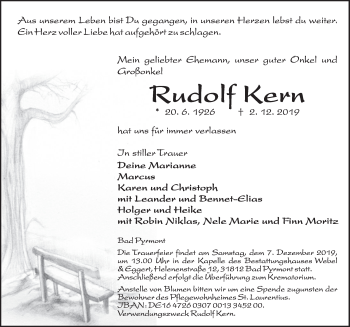 Traueranzeige von Rudolf Kern von Deister- und Weserzeitung