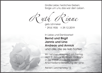 Traueranzeige von Ruth Rinne von Deister- und Weserzeitung