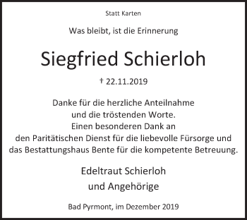 Traueranzeige von Siegfried Schierloh von Deister- und Weserzeitung