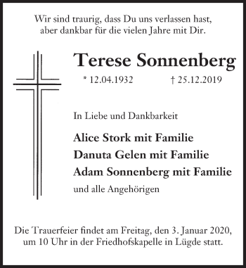 Traueranzeige von Terese Sonnenberg von Deister- und Weserzeitung