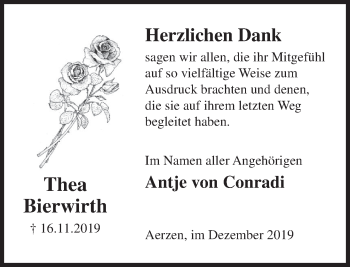 Traueranzeige von Thea Bierwirth von Deister- und Weserzeitung