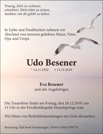 Traueranzeige von Udo Besener 