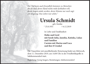 Traueranzeige von Ursula Schmidt von Deister- und Weserzeitung