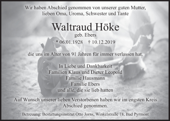 Traueranzeige von Waltraud Höke von Deister- und Weserzeitung
