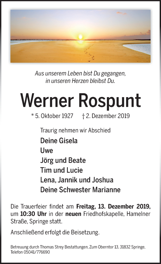  Traueranzeige für Werner Rospunt vom 07.12.2019 aus Neue Deister-Zeitung