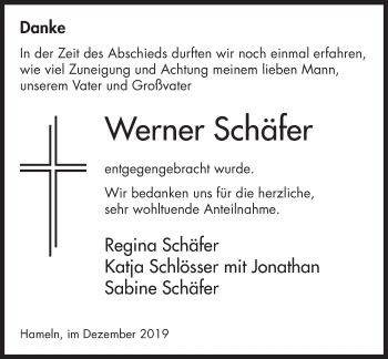 Traueranzeige von Werner Schäfer von Deister- und Weserzeitung