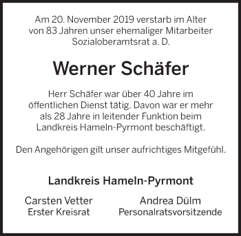 Traueranzeige von Werner Schäfer von Deister- und Weserzeitung