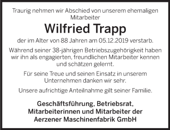 Traueranzeige von Wilfried Trapp von Deister- und Weserzeitung