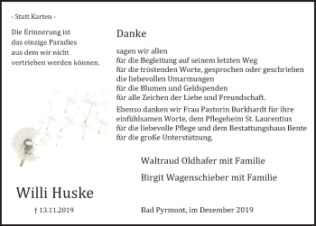 Traueranzeige von Willi Huske von Deister- und Weserzeitung