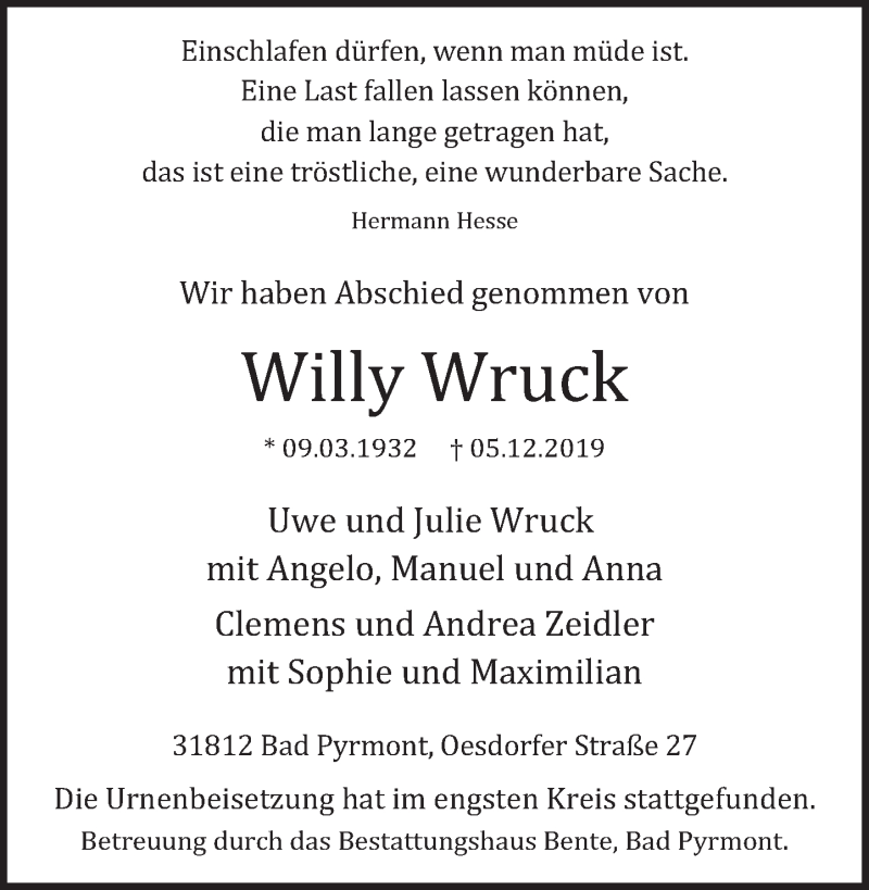  Traueranzeige für Willy Wruck vom 21.12.2019 aus Deister- und Weserzeitung