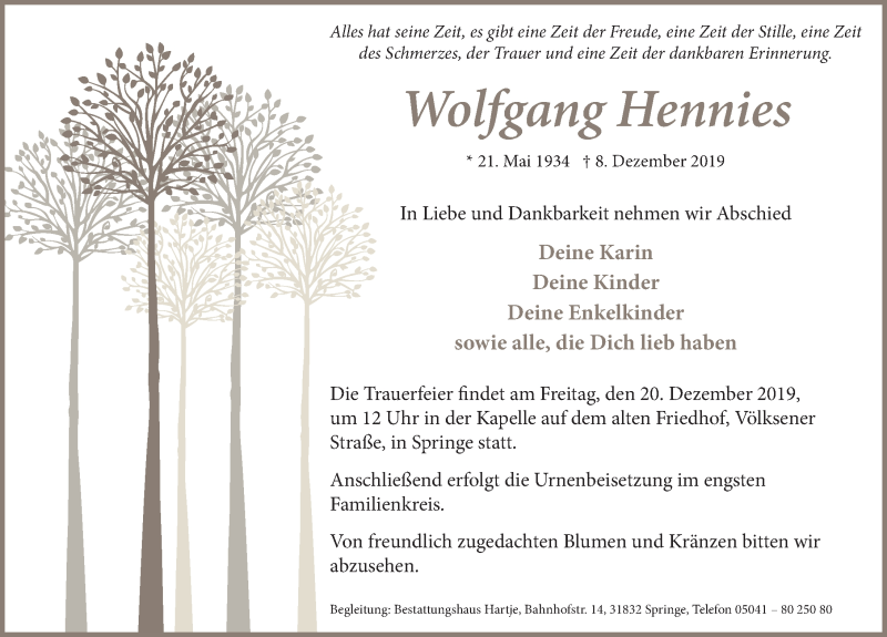  Traueranzeige für Wolfgang Hennies vom 14.12.2019 aus Neue Deister-Zeitung