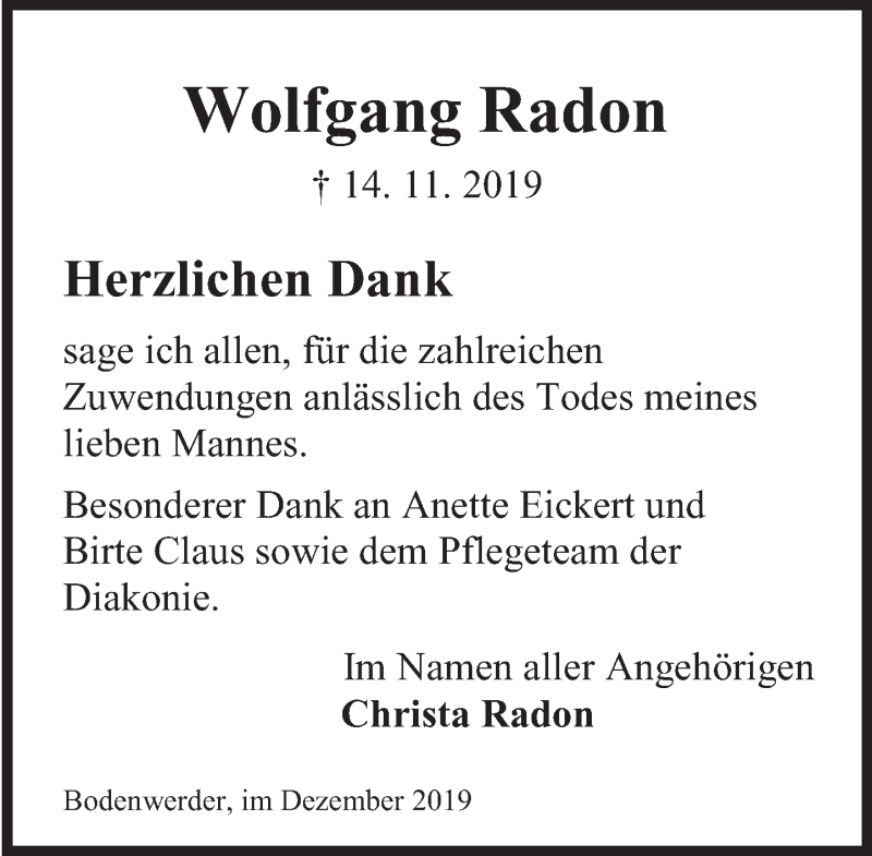  Traueranzeige für Wolfgang Radon vom 14.12.2019 aus Deister- und Weserzeitung