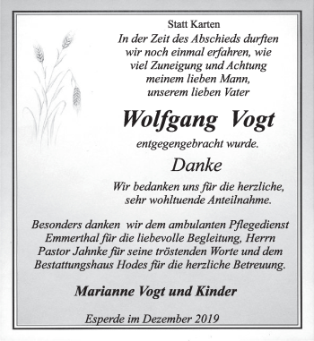 Traueranzeige von Wolfgang Vogt von Deister- und Weserzeitung