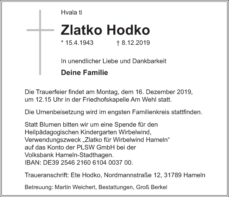  Traueranzeige für Zlatko Hodko vom 14.12.2019 aus Deister- und Weserzeitung