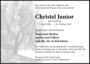Traueranzeige von Christel Junior von Deister- und Weserzeitung