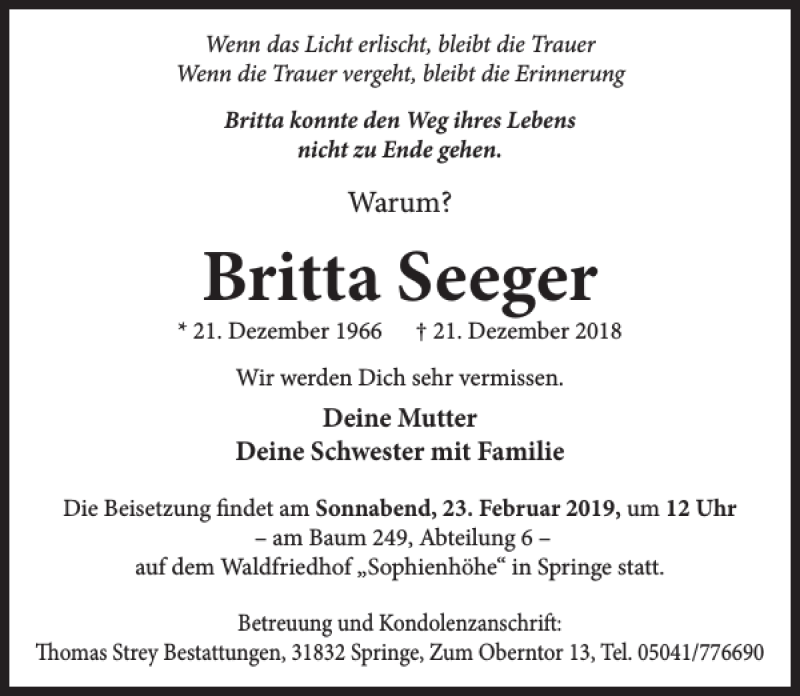  Traueranzeige für Britta Seeger vom 16.02.2019 aus Neue Deister-Zeitung