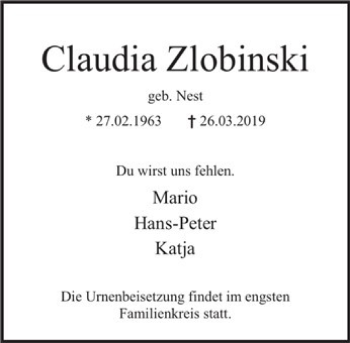 Traueranzeige von Claudia Zlobinski von Deister- und Weserzeitung
