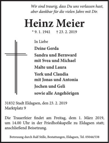 Traueranzeige von Heinz Meier von Neue Deister-Zeitung